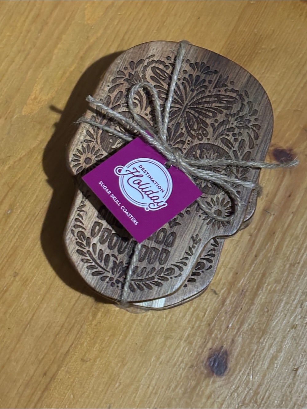 Destination Holiday Wood Sugar Skull Coaster Set (4) NWT